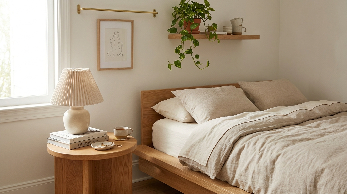 aesthetic bedroom nightstand ideas — editorial home decor styled scene with natural daylight and renter-friendly setup