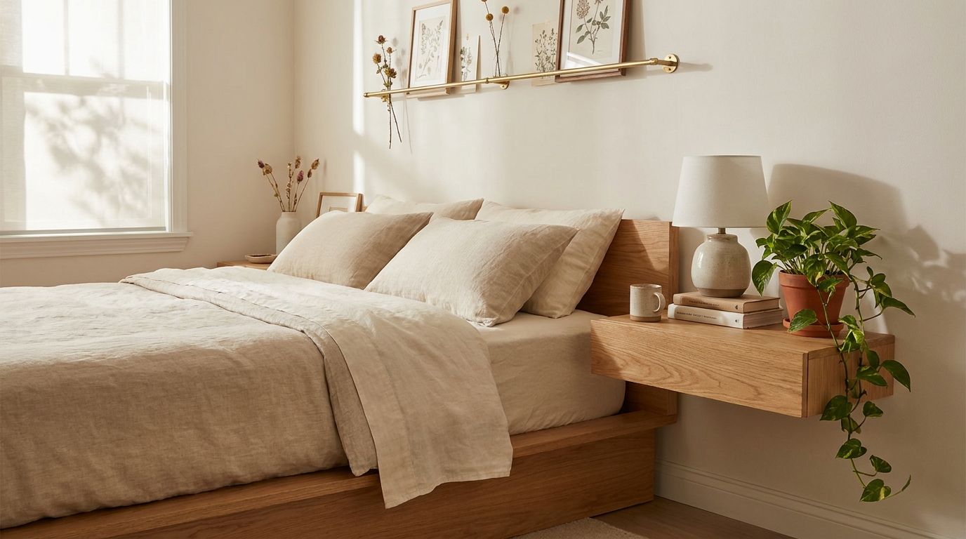 aesthetic bedroom nightstand ideas — editorial home decor styled scene with natural daylight and renter-friendly setup