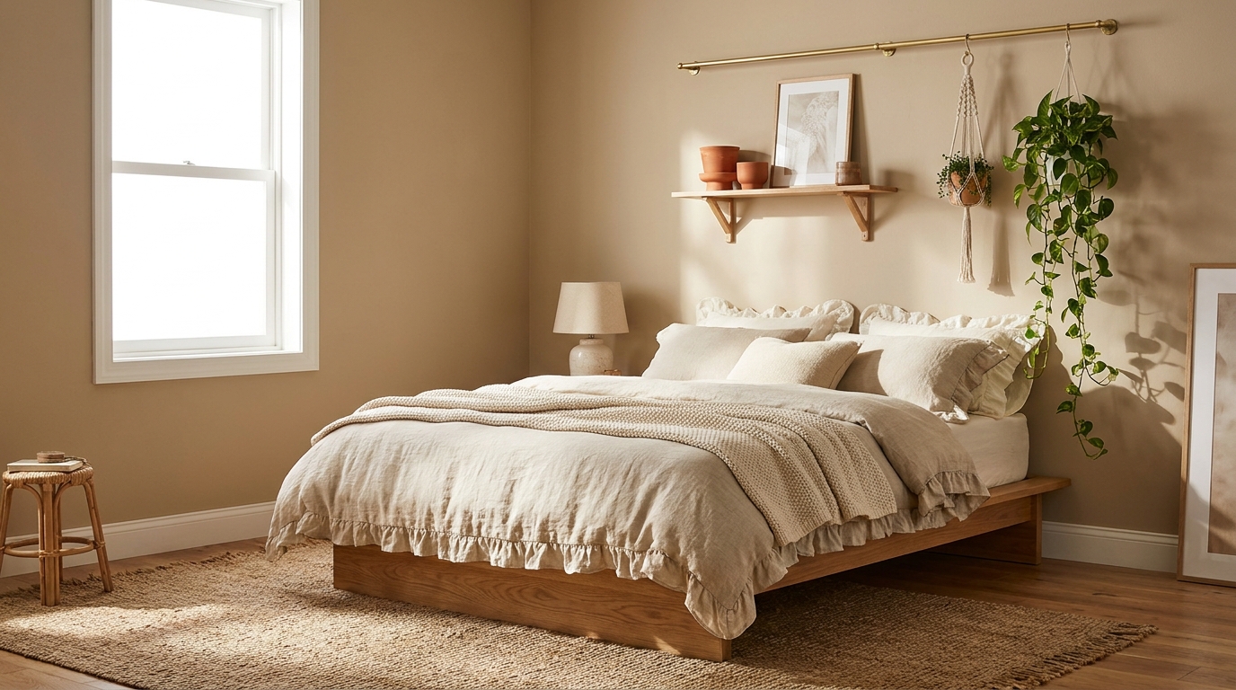 boho bedroom — editorial home decor styled scene with natural daylight and renter-friendly setup