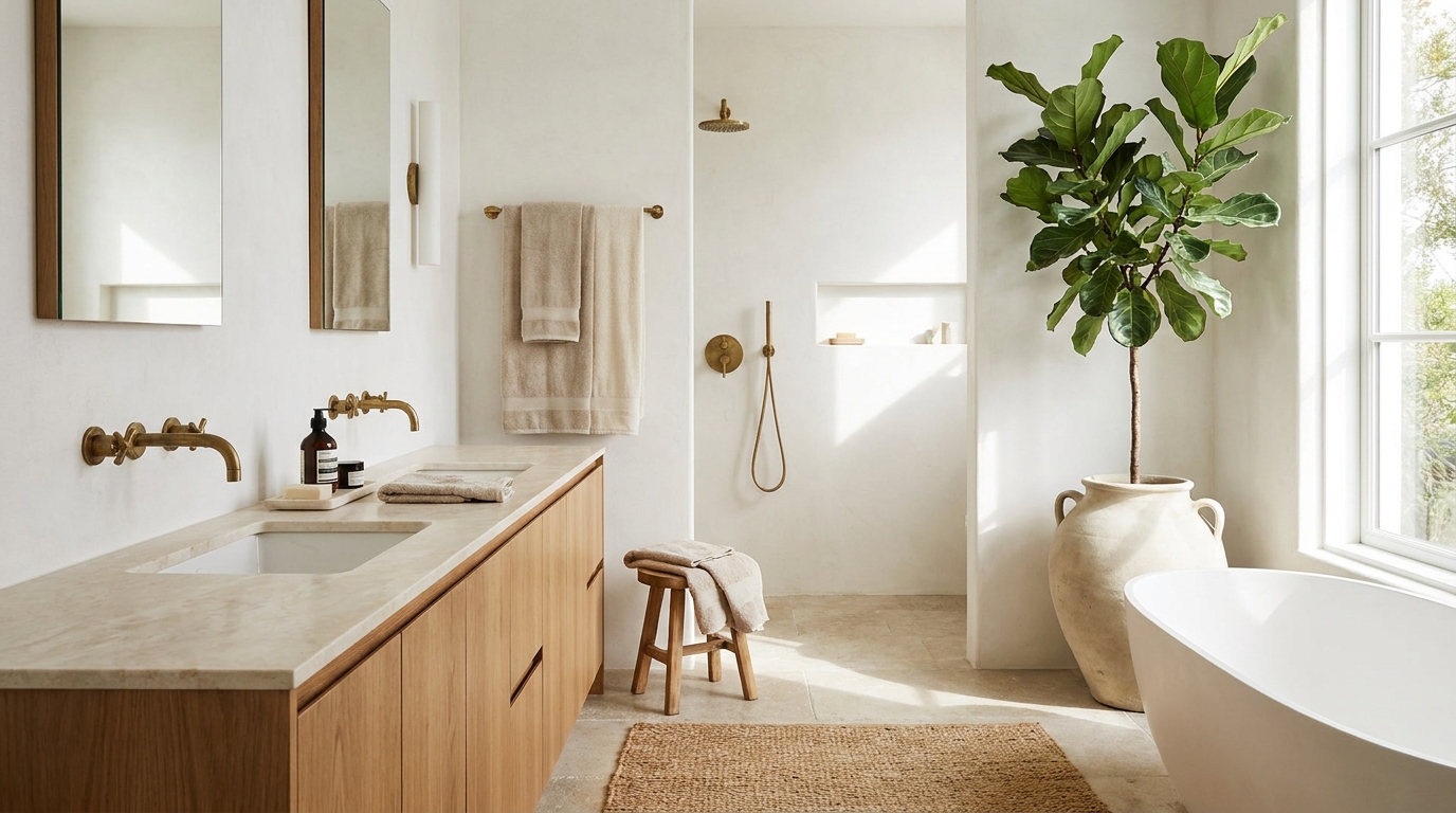 organic modern bathroom — editorial home decor styled scene with natural daylight and renter-friendly setup