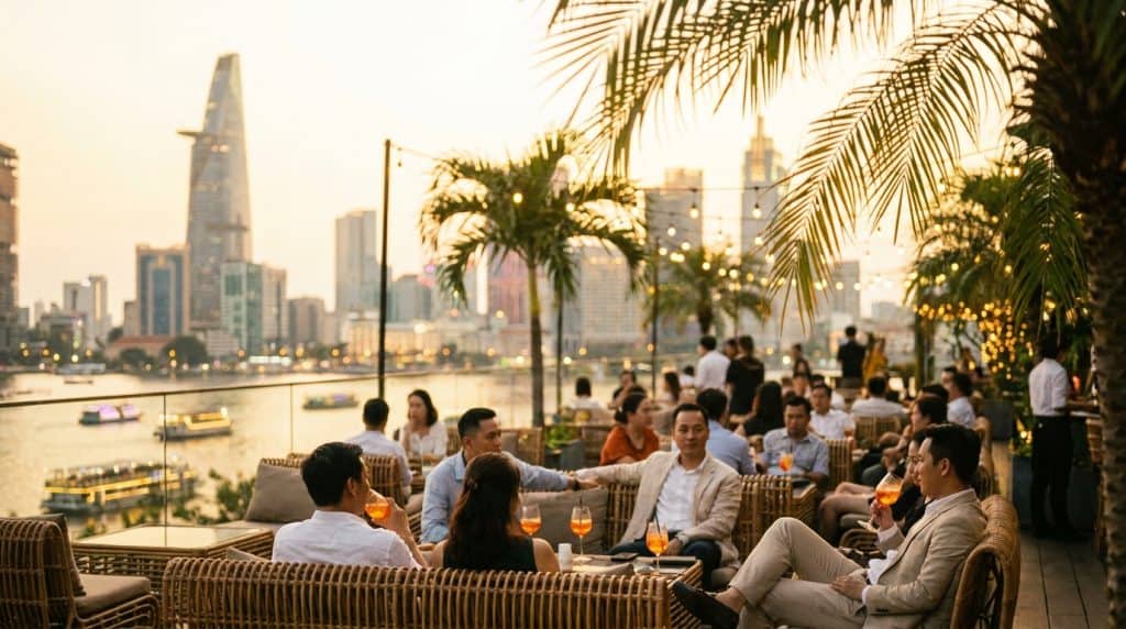 Saigon Rooftop Bars — Guests enjoying cocktails at one of the best saigon rooftop bars with Bitexco Financial Tower and