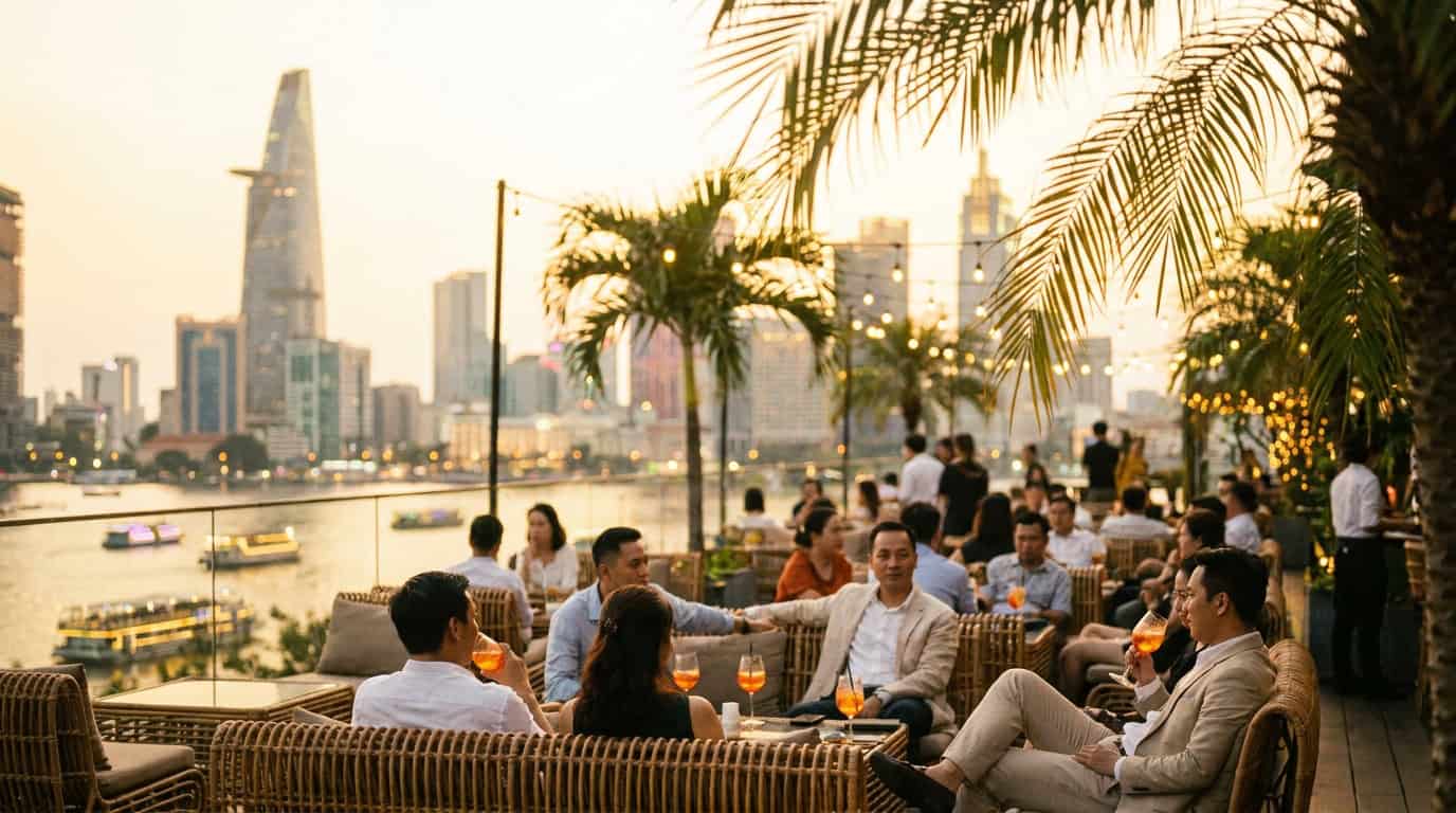 Saigon Rooftop Bars — Guests enjoying cocktails at one of the best saigon rooftop bars with Bitexco Financial Tower and