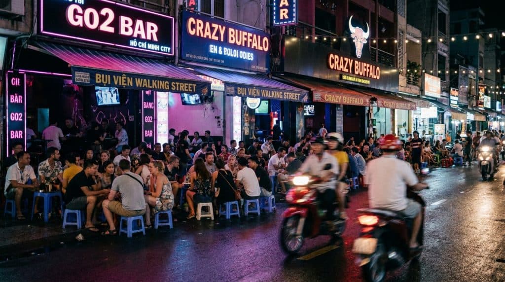 Saigon Nightlife — Crowded neon-lit Bui Vien street showcasing the energy of saigon nightlife on a Saturday evening