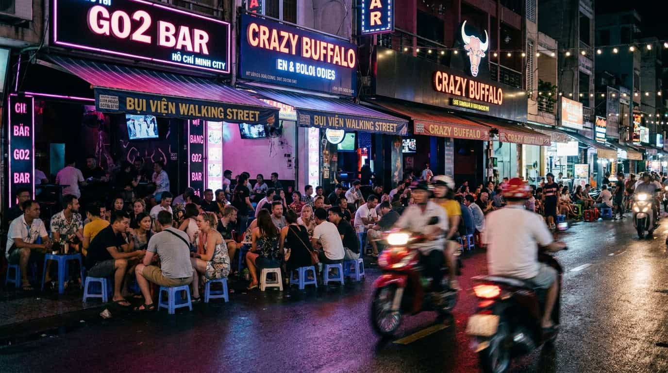 Saigon Nightlife — Crowded neon-lit Bui Vien street showcasing the energy of saigon nightlife on a Saturday evening