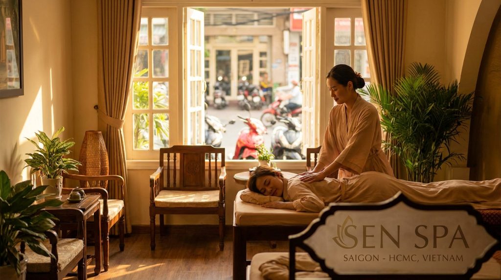 Best Spas Massage in Saigon — Tranquil treatment room showing the best spas massage in Saigon experience with bamboo dec