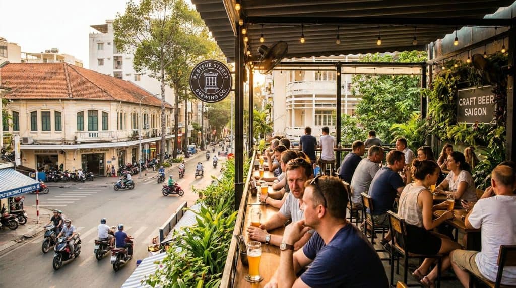 Craft Beer in Saigon — Tasting flight of craft beer in Saigon at a District 1 rooftop brewery during sunset