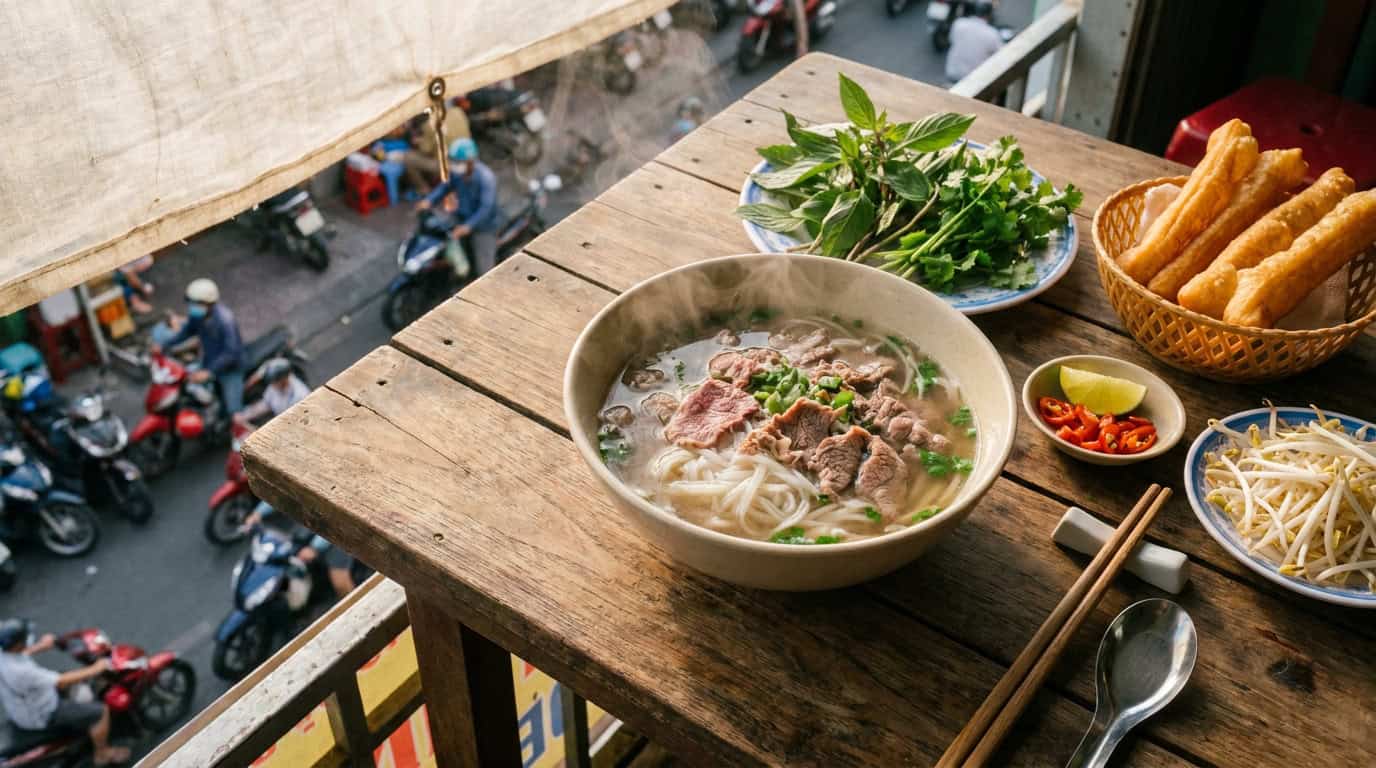 Pho Vietnam — A steaming bowl of pho vietnam served with herbs, lime and chili at a Ho Chi Minh City street-food stall