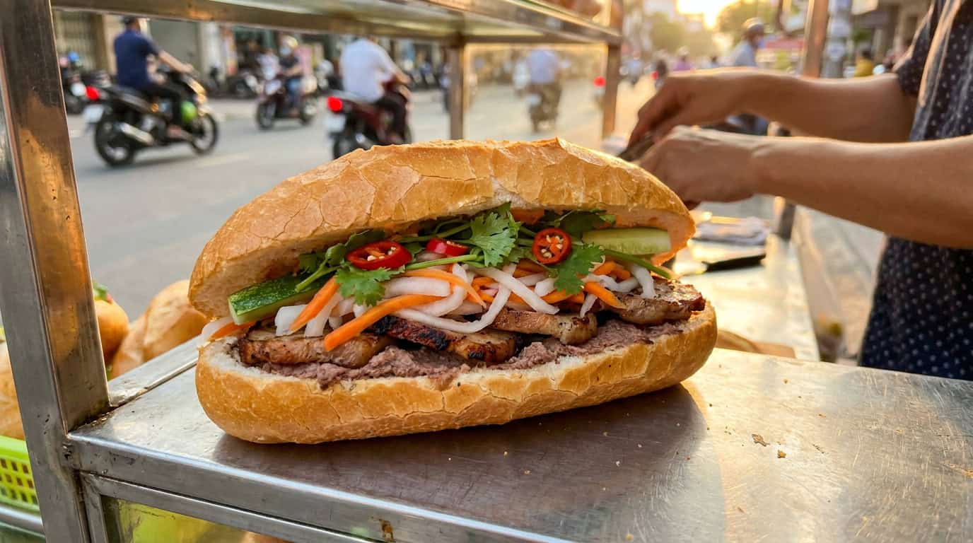 Banh Mi Vietnam — Authentic banh mi vietnam sandwich with crispy baguette and traditional pork fillings on a Saigon stre