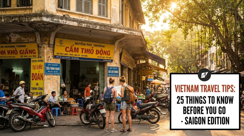 Vietnam Travel — Foreign backpacker enjoying vietnam travel on a busy Ho Chi Minh City street at golden hour