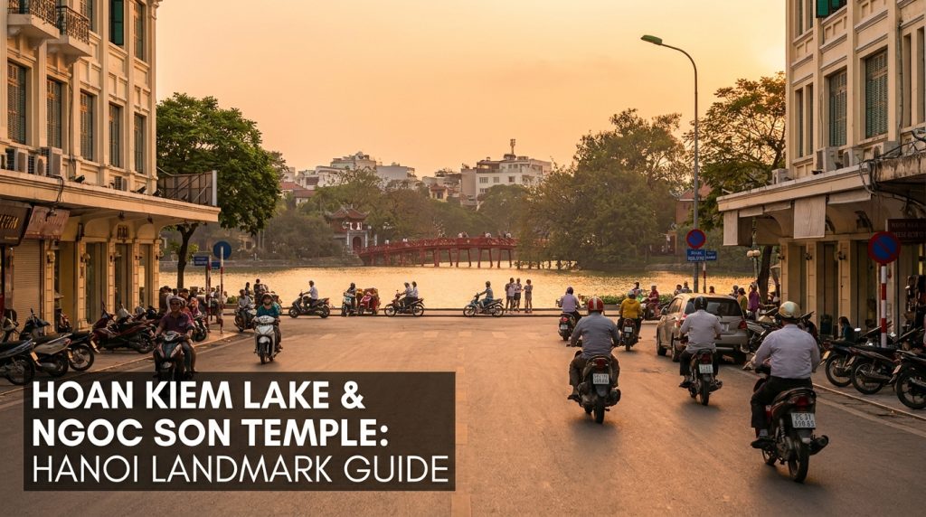 Hoan Kiem Lake Ngoc Son Temple — Hoan Kiem Lake Ngoc Son Temple connected by the red Huc Bridge in central Hanoi at sunr