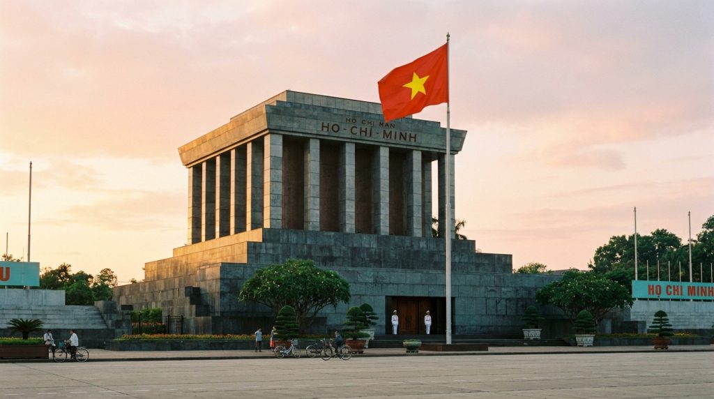 Ho Chi Minh Mausoleum Hanoi — Ho Chi Minh Mausoleum Hanoi at sunrise with honor guards at the entrance and the Vietnames