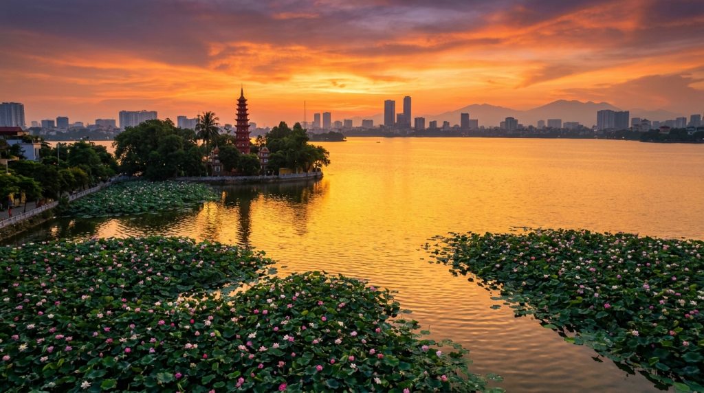 West Lake Hanoi — Sunset over West Lake Hanoi with Tran Quoc Pagoda and lotus blooms in the foreground