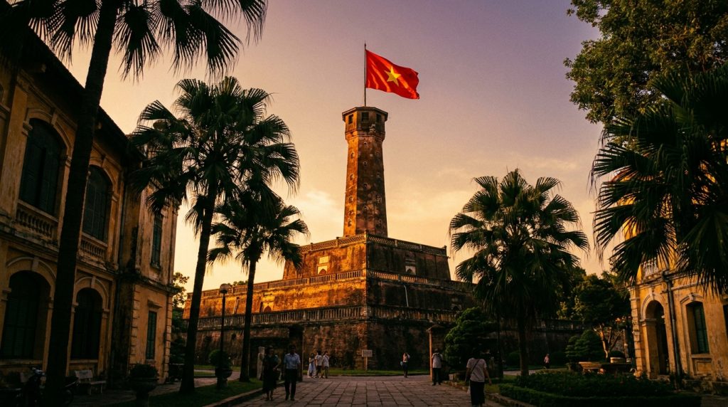 Hanoi Flag Tower — Hanoi Flag Tower brick fortress with Vietnamese flag flying at sunset