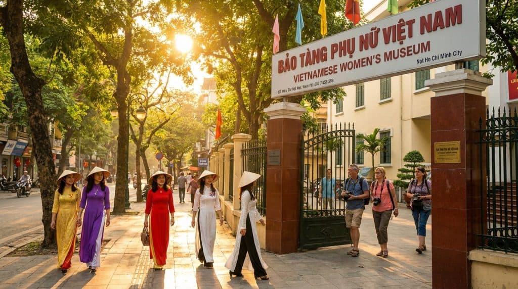 Vietnamese Womens Museum Hanoi — Foreign visitors entering the Vietnamese womens museum Hanoi on Ly Thuong Kiet Street a