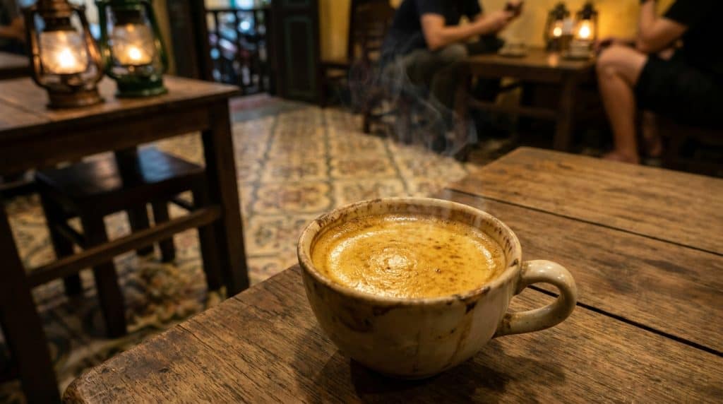 Egg Coffee Hanoi — Close-up of an egg coffee Hanoi cup with thick golden foam at a traditional Old Quarter café