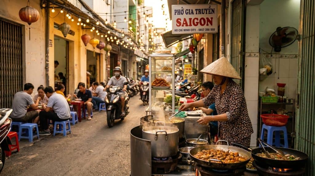 Best Street Food in Hanoi — Best street food in Hanoi: a steaming bowl of pho bo served on a low plastic table in a bust