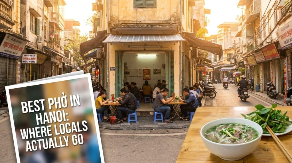 Best Pho in Hanoi — Steaming bowl showing the best pho in Hanoi served on a plastic stool table in the Old Quarter at su