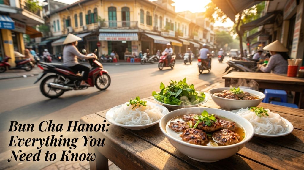 Bun Cha Hanoi — Authentic bun cha hanoi bowl with grilled pork, rice noodles, herbs, and dipping sauce at a traditional