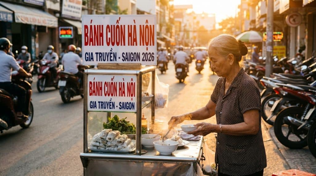 Banh Cuon Hanoi — Plate of freshly steamed banh cuon hanoi with pork filling, fried shallots, cha lua sausage and nuoc c