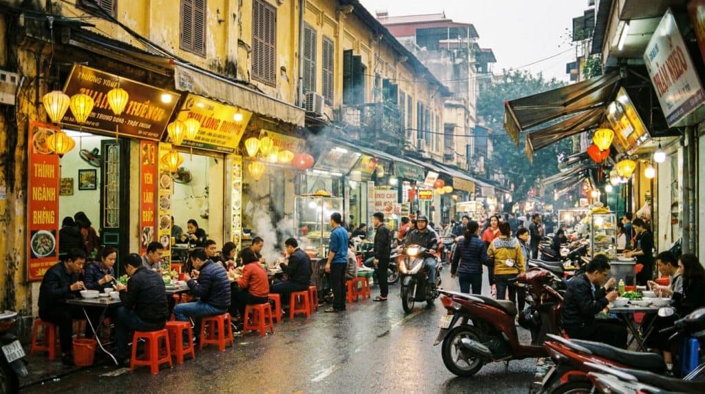 Best Restaurants in Hanoi Old Quarter — Diners enjoying the best restaurants in Hanoi Old Quarter on a lantern-lit eveni