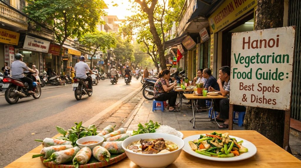 Hanoi Vegetarian Food — Colorful Hanoi vegetarian food spread including pho chay, banh mi chay, and fresh spring rolls o