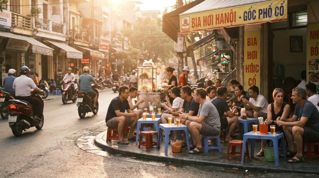 Bia Hoi Hanoi — Foreign travelers enjoying bia hoi hanoi on red plastic stools at a busy Old Quarter corner during sunse