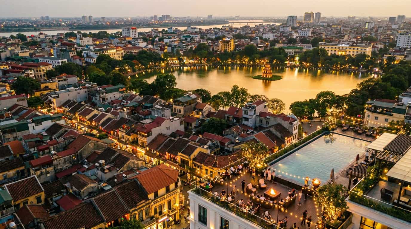 Best Hotels in Hanoi — Twilight view from one of the best hotels in Hanoi overlooking Hoan Kiem Lake and the Old Quarter