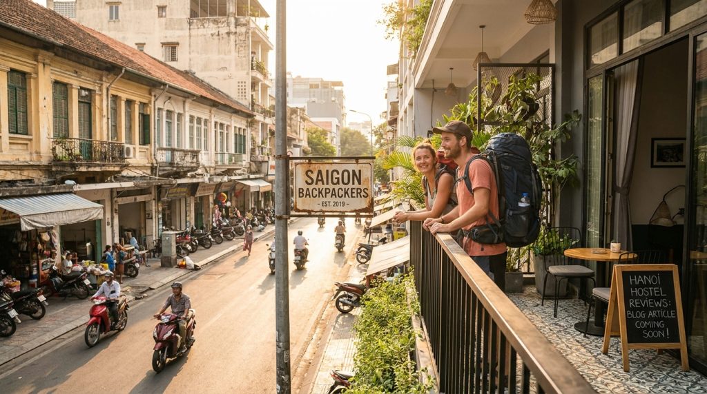 Best Hostels in Hanoi — Backpackers relaxing on a rooftop terrace at one of the best hostels in Hanoi Old Quarter at sun