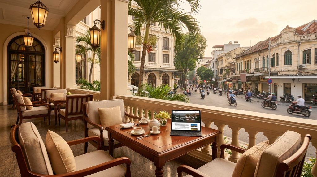Hanoi Luxury Hotels — Elegant French-colonial lobby of one of the top Hanoi luxury hotels with marble floors and brass c