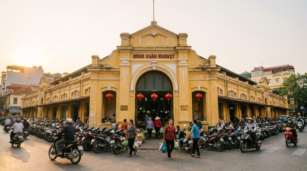 Dong Xuan Market Hanoi — Historic yellow colonial façade of Dong Xuan Market Hanoi with shoppers and motorbikes at the m
