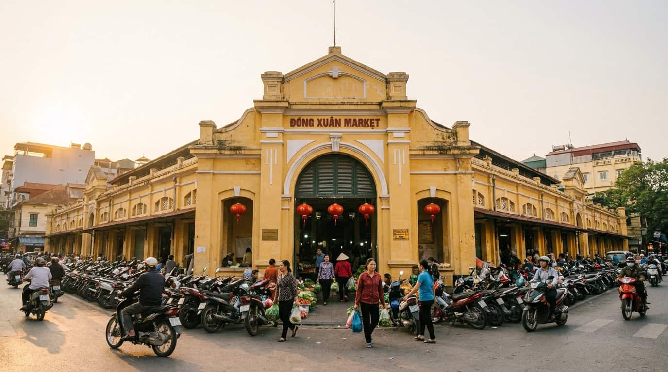 Dong Xuan Market Hanoi — Historic yellow colonial façade of Dong Xuan Market Hanoi with shoppers and motorbikes at the m