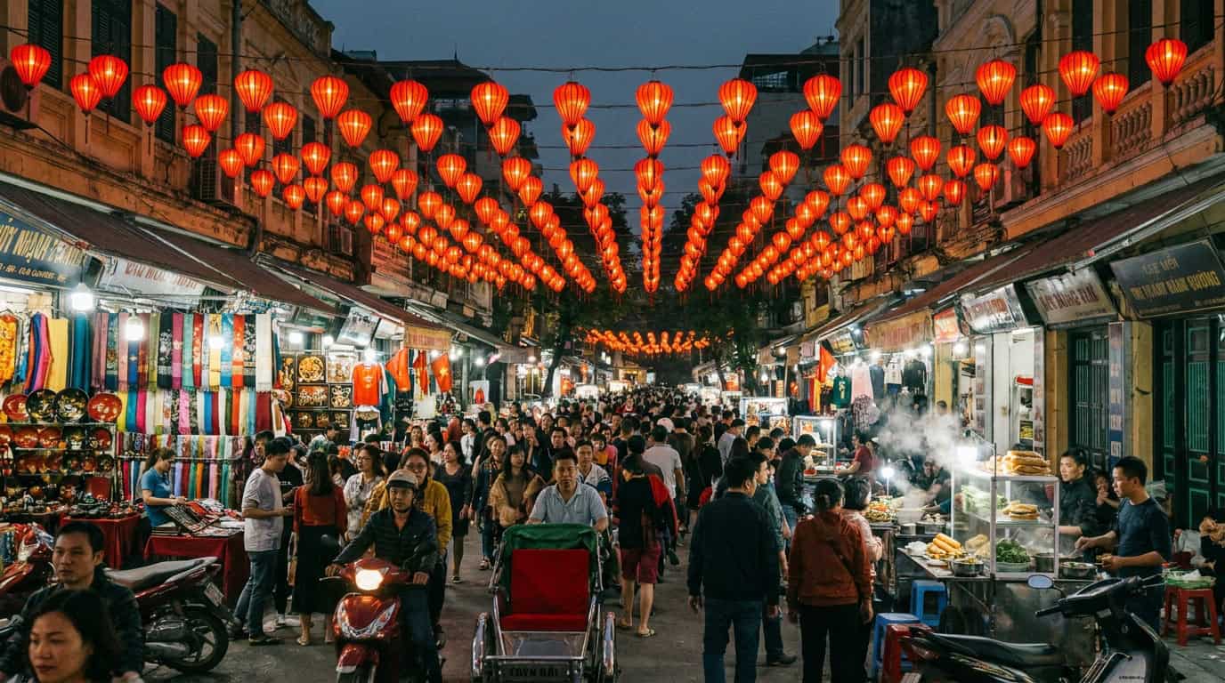 Hanoi Night Market — Crowds shopping under red lanterns at the Hanoi Night Market on Hang Dao Street