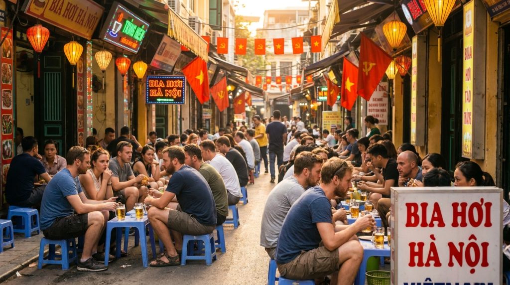 Ta Hien Beer Street Hanoi — Foreign backpackers drinking bia hoi on Ta Hien Beer Street Hanoi at night under glowing lan