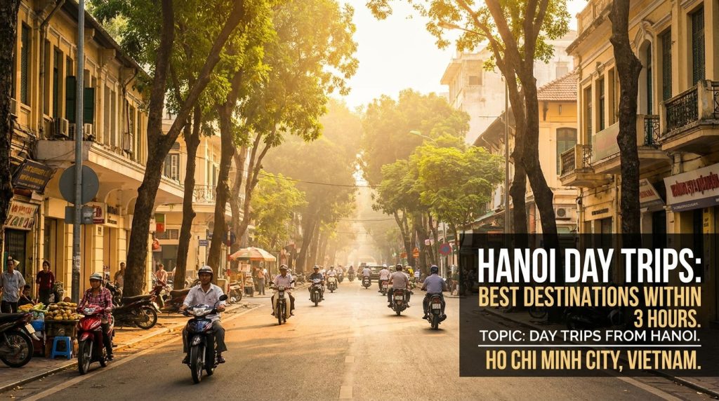 Hanoi Day Trips — Sampan boats gliding through limestone karsts in Trang An, one of the most popular hanoi day trips wit