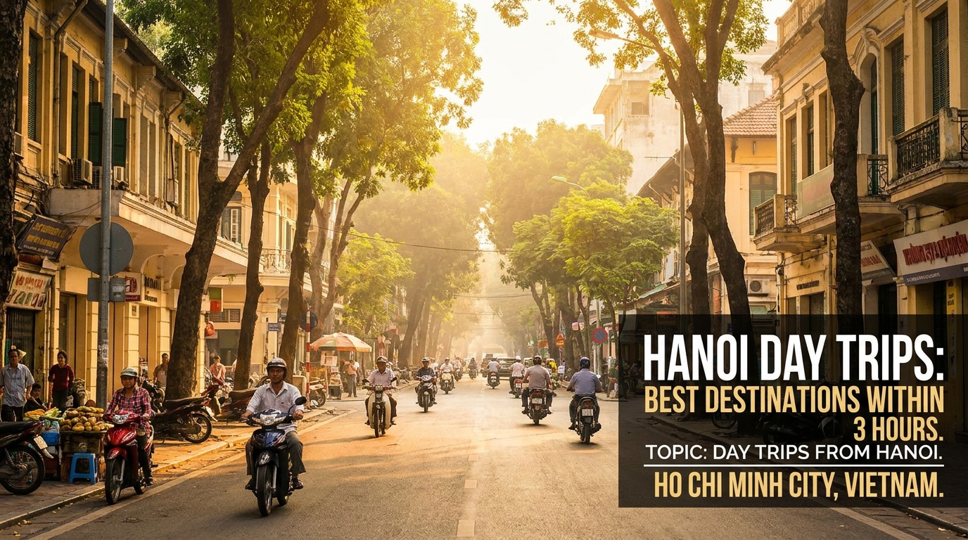 Hanoi Day Trips — Sampan boats gliding through limestone karsts in Trang An, one of the most popular hanoi day trips wit
