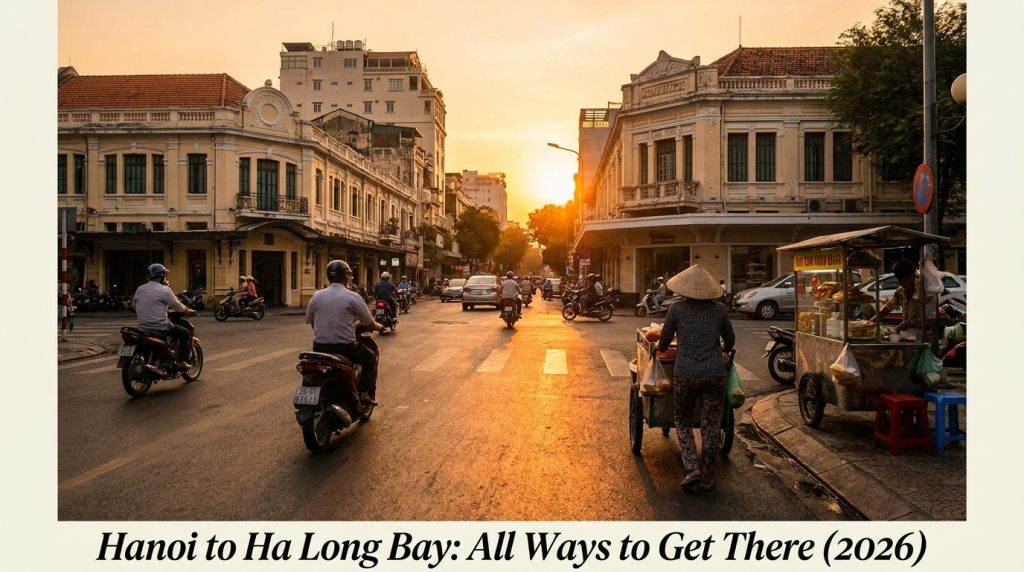 Hanoi to Ha Long Bay — Aerial view of the hanoi to ha long bay route ending at limestone karsts and a wooden cruise boat