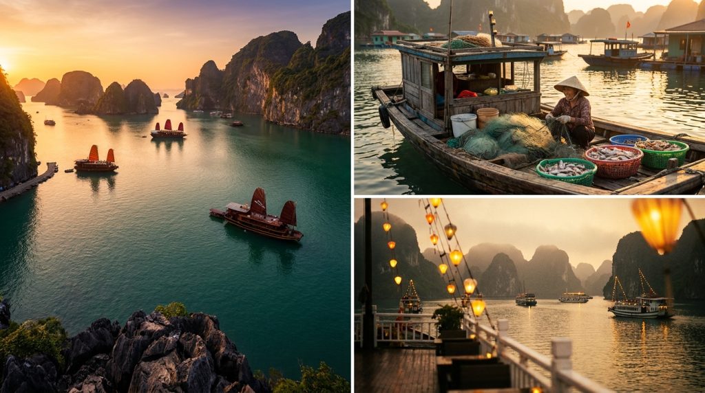 Ha Long Bay — Panoramic aerial photograph of ha long bay showing limestone karst towers at sunrise with a traditional wo