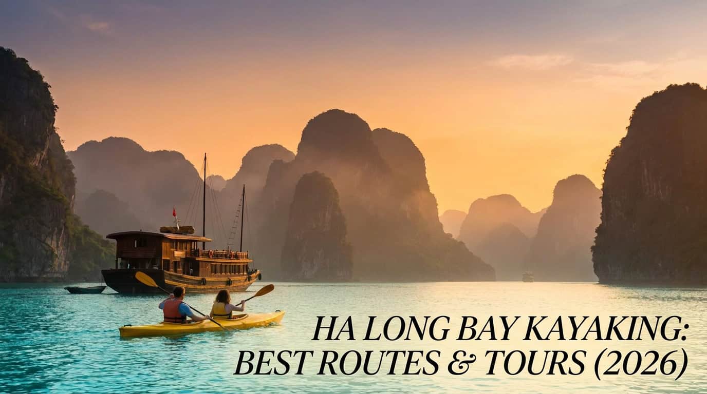 Ha Long Bay Kayaking — tourists enjoying ha long bay kayaking through towering limestone karsts on emerald water at sunr
