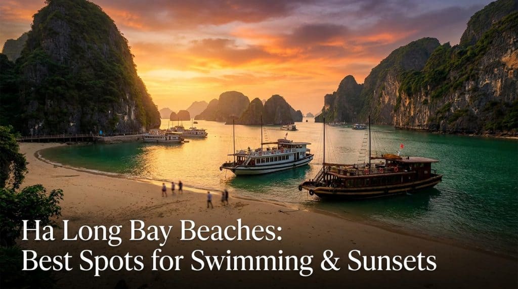 Ha Long Bay Beaches — Ha Long Bay beaches with white sand and limestone karst islands rising from turquoise water at gol