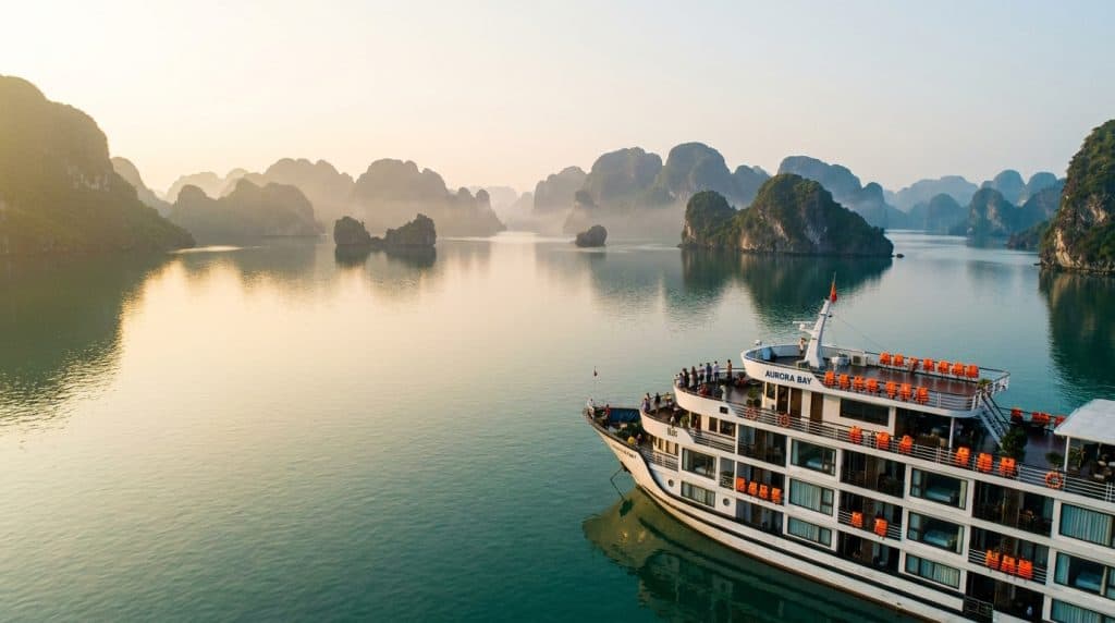 Ha Long Bay Safety — Ha long bay safety overview showing a licensed cruise ship with life jackets visible on deck agains