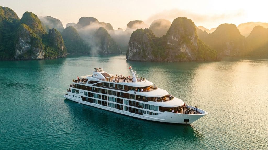Ha Long Bay Luxury Cruise — Ha long bay luxury cruise sailing past limestone karsts at sunset with private balcony suite