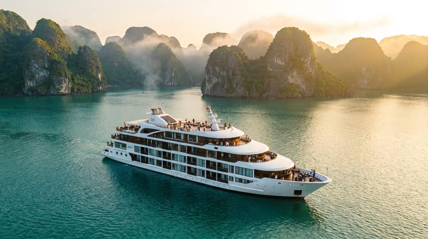 Ha Long Bay Luxury Cruise — Ha long bay luxury cruise sailing past limestone karsts at sunset with private balcony suite