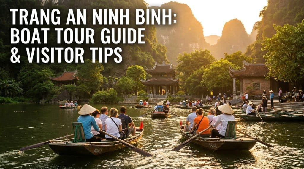 Trang an Ninh Binh — Sampan boats rowing through limestone karsts at Trang An Ninh Binh on a misty morning