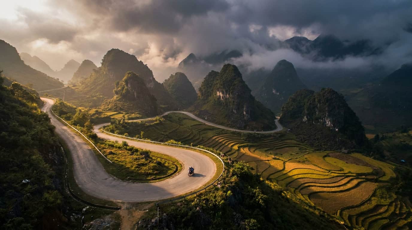 Ha Giang Loop — Motorbike riding the Ha Giang Loop on Ma Pi Leng Pass with limestone mountains and Nho Que River below