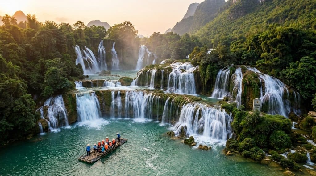 Ban Gioc Waterfall — Ban Gioc Waterfall cascading over limestone cliffs on the Vietnam-China border in Cao Bang province
