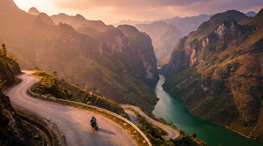 Ma Pi Leng Pass Ha Giang — Aerial view of Ma Pi Leng Pass Ha Giang with the emerald Nho Que River winding through limest