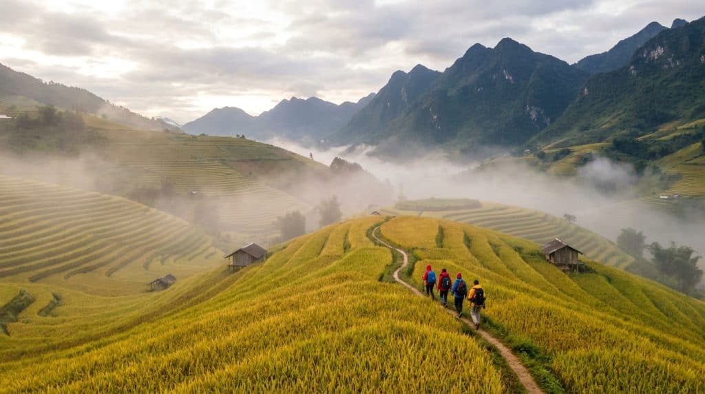 Sapa Trekking — Hikers on a Sapa trekking trail through terraced rice fields in Muong Hoa Valley, northern Vietnam