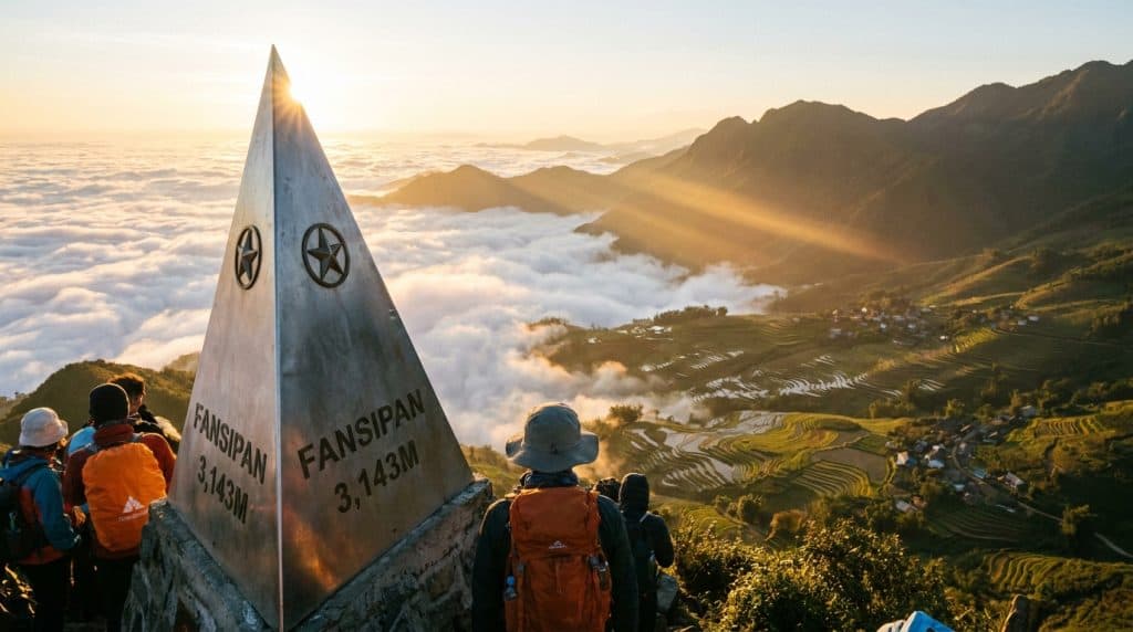 Fansipan Mountain — Sunrise view from the summit of Fansipan mountain in Sapa, Vietnam, with the iconic pyramid marker a