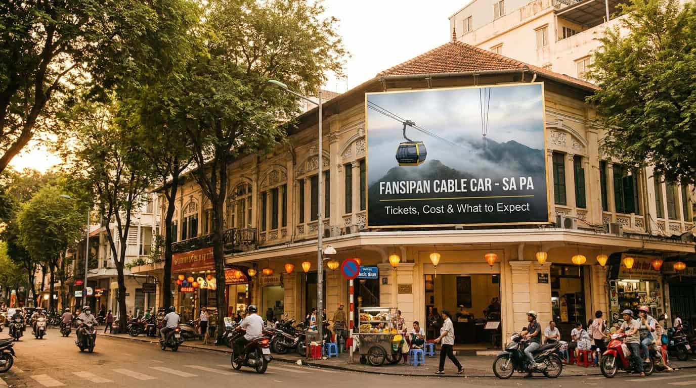 Fansipan Cable Car — Fansipan cable car gondola crossing cloud-covered Hoang Lien Son mountains above Sapa rice terraces