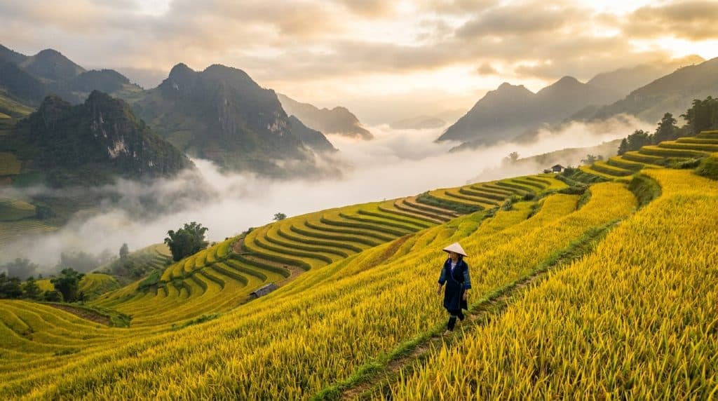 Sapa Rice Terraces — Golden Sapa rice terraces at sunrise in Muong Hoa Valley with morning mist
